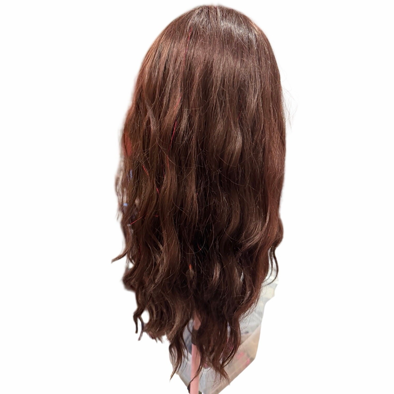 Medium Brown Wavy Wig with Red Tinsel Highlights – Heat Friendly Synthetic Wig