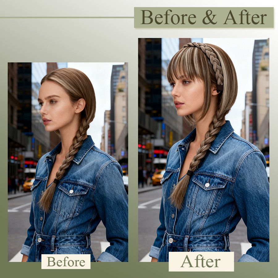 Braided Headband Topper Hairpiece Clip In Fringe Bang Hair Extension with Temple