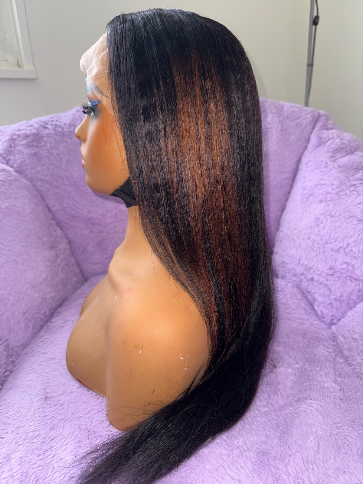 Custom Color Black Highlight Human Hair Yaki Straight Wig (24 inches)