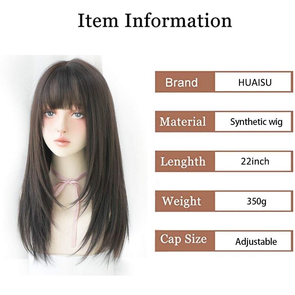 Long Black Straight Wig with Bangs Synthetic High Density Long Hair for Women