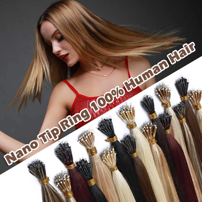 100% Real Human Hair Extensions Nano Ring Tip Thick 1G/S Nano Beads Full Head