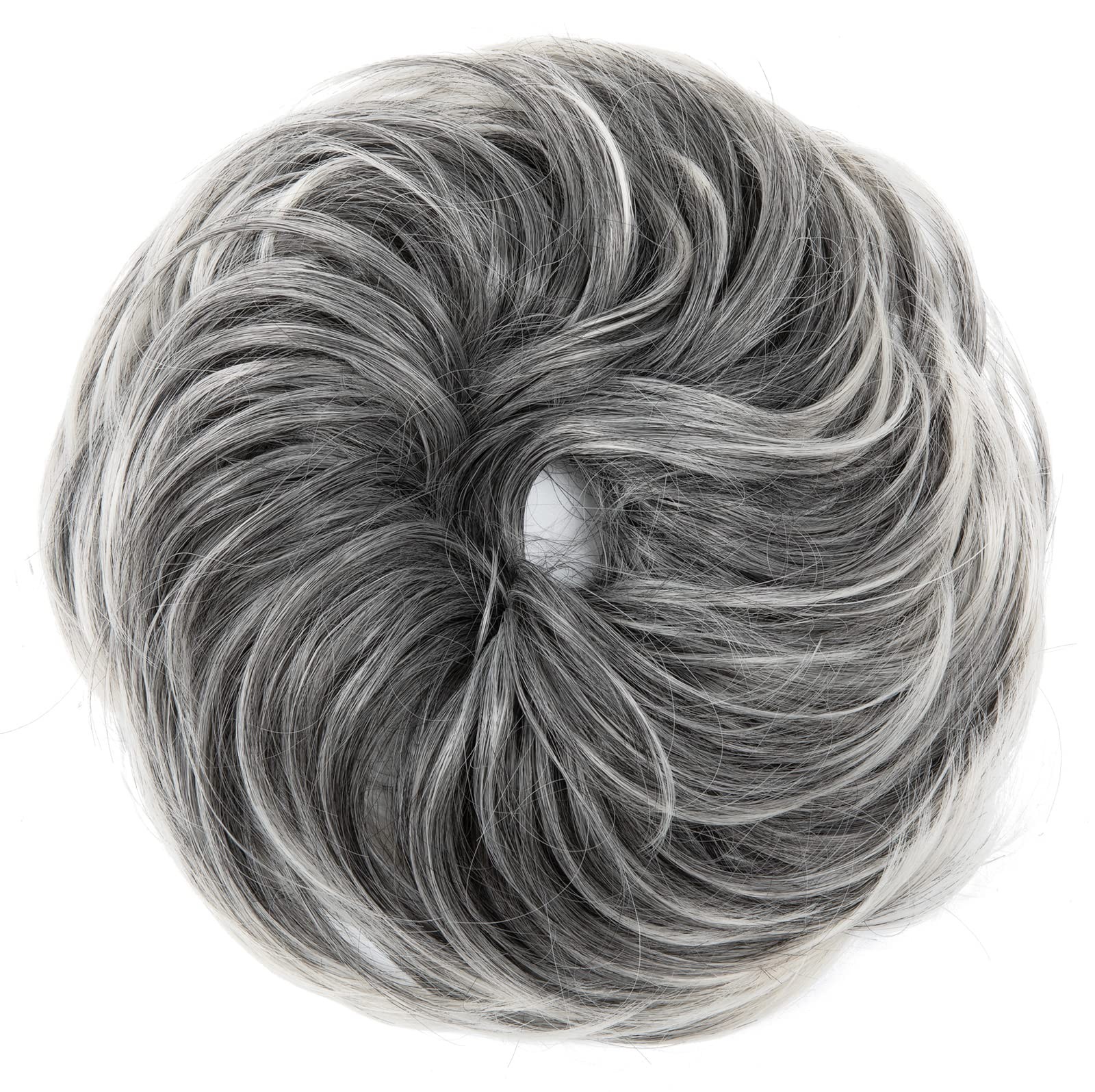 CJL HAIR Large Messy Bun Hair Piece Wavy Curly Straight, S-Salt and Pepper