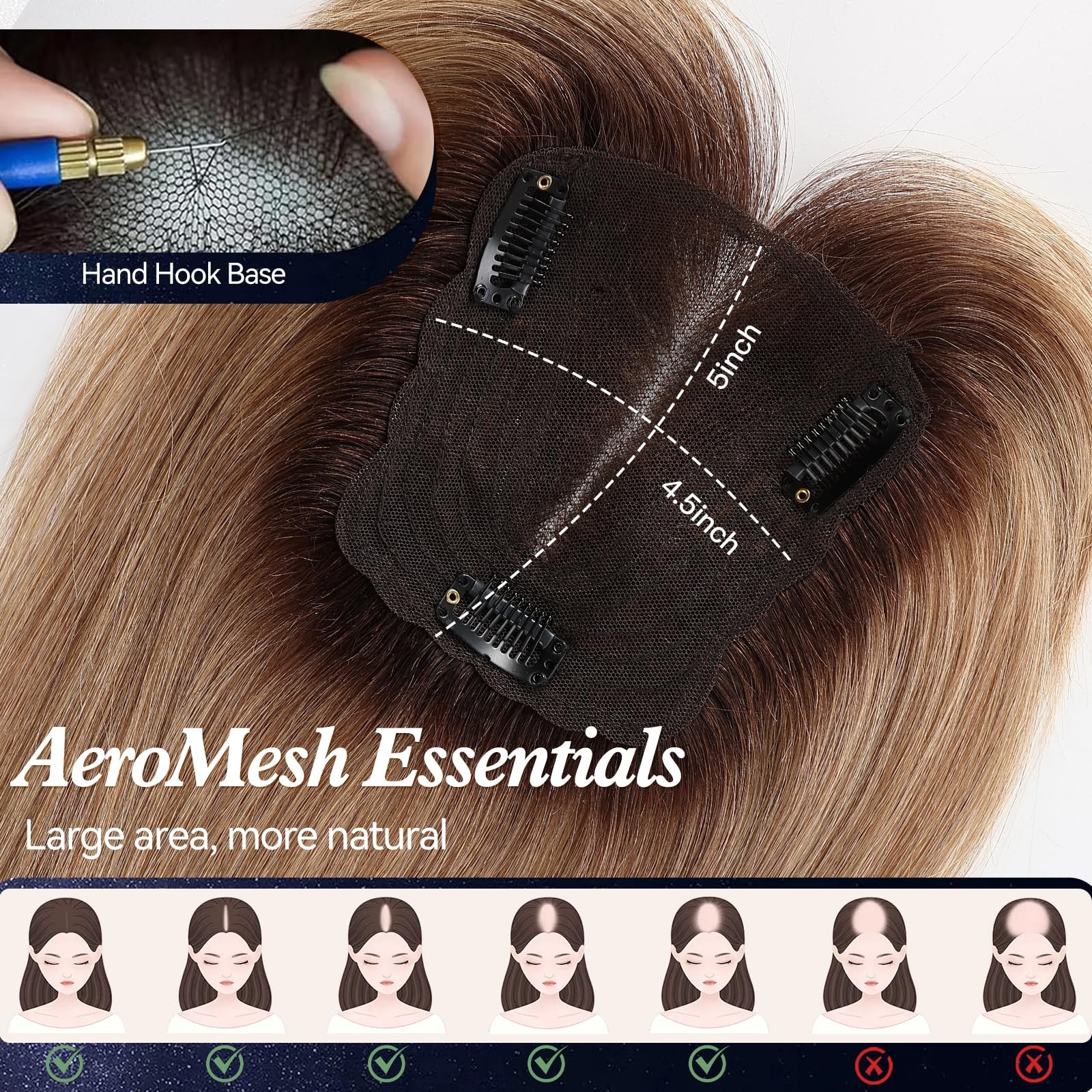 Starluck Hair Toppers For Women Real Human Hair 4.55 Swiss Lace Base Hand-Tied