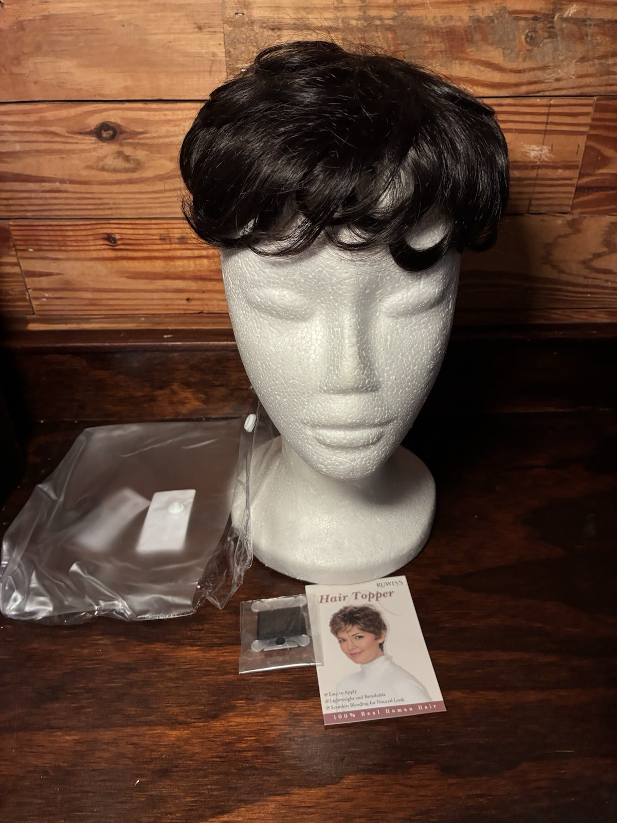 Short Curly Human Hair Topper Wiglet Pixie Cut, Clip In, Natural Black, 5×5.5”