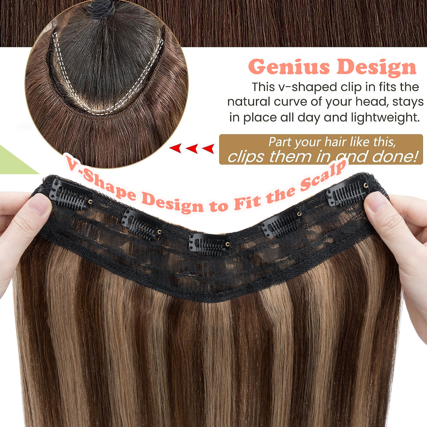 V-Shape Real Remy Human Hair Extensions One Piece Clip In 3/4Full Head Highlight