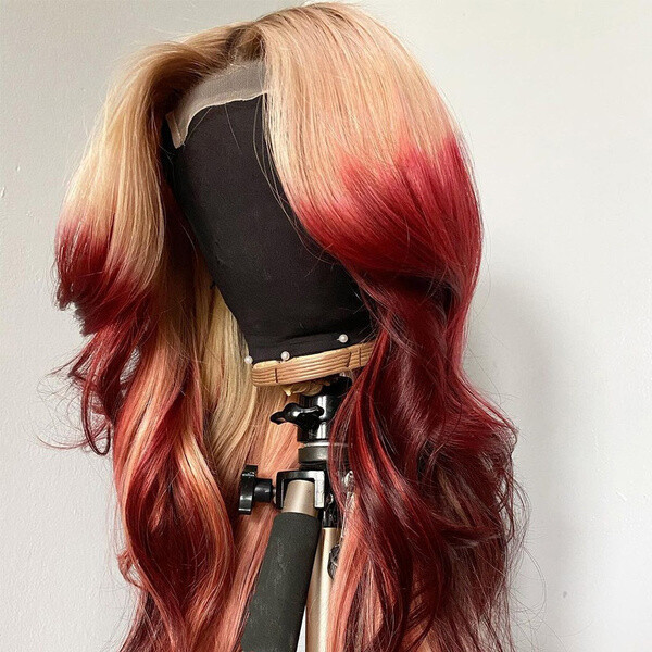 Long Body Wave Lace Front Wig Ombre Blonde to Burgundy Red Synthetic Wigs US