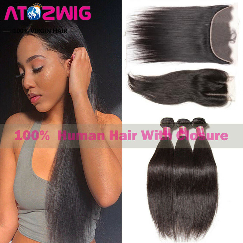 3 Bundles with Closure Frontal 100% Unprocessed Brazilian Virgin Human Hair USA