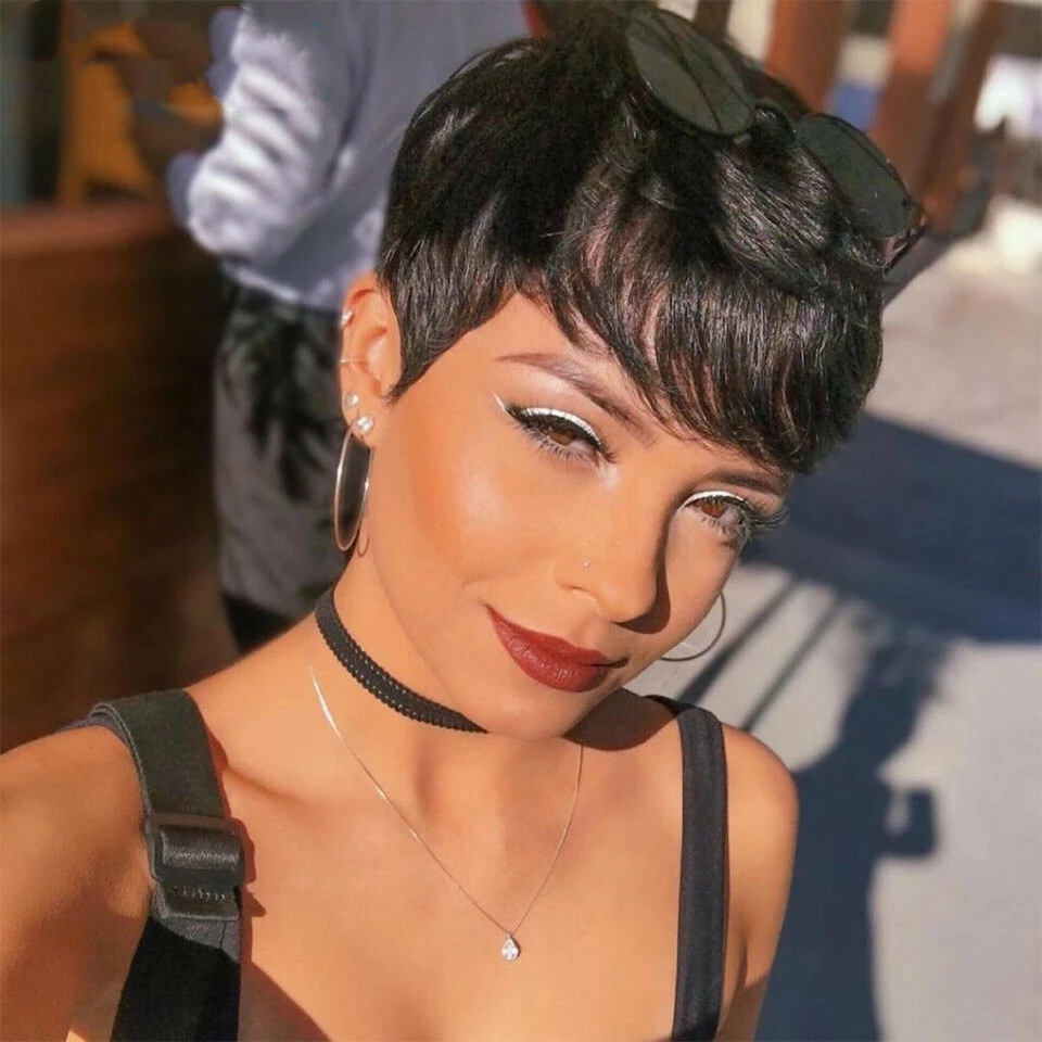 Short Pixie Cut Wig Black Layered Wavy Hair with Bangs Real Pixie Human Hair Wig