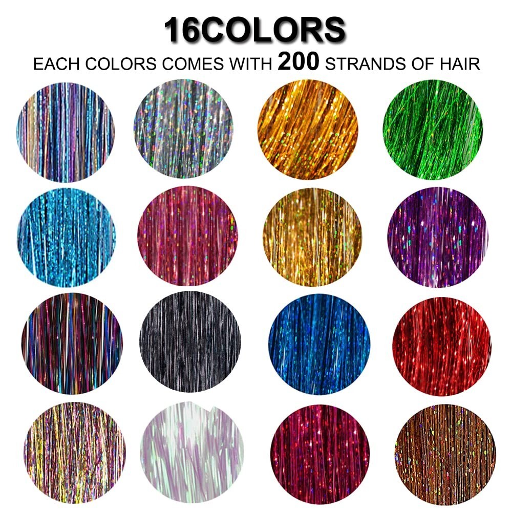 12/16 Color Hair Tinsel Kit with Tools 3200 Strand Glitter Tinsel Hair Extension