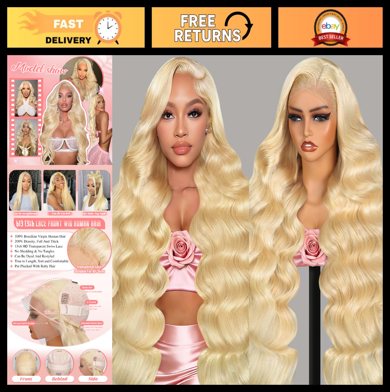 30″ Blonde Lace Front Wig, 13×6 HD Transparent, Pre-Plucked, 200 Density Body Wa