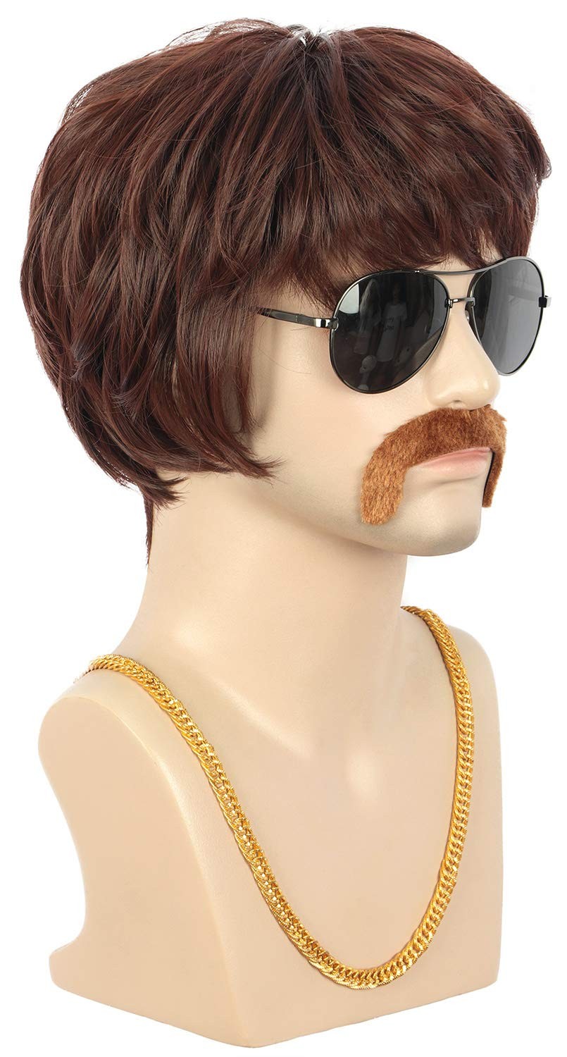 Adult Men Short Straight Brown California 70s 80s Rocker Moustache Disco Wig …