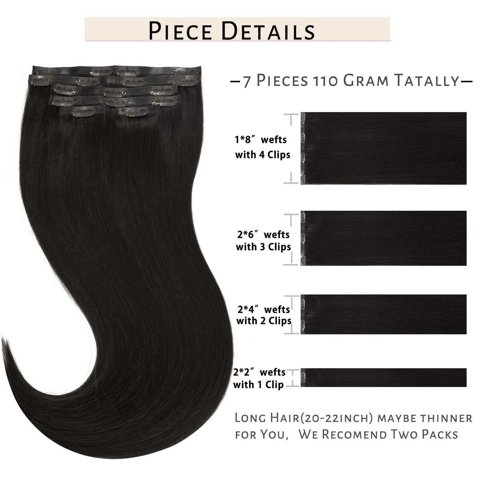 Caliee 18Inch Clip In Hair Extensions Real Human Hair Color 1B Natural Black