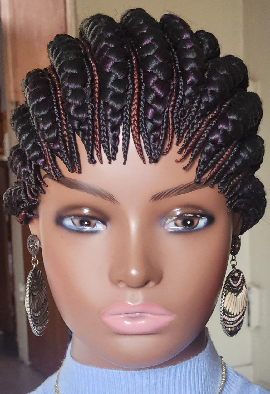 Fully hand braided Ghana banana cornrows wig Paka 1B mix dark purple/dark drown