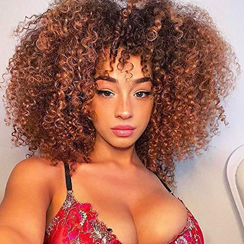Curly Wigs for Black Women Afro Wig with Bangs Ombre Brown Wig Short Curly Afro