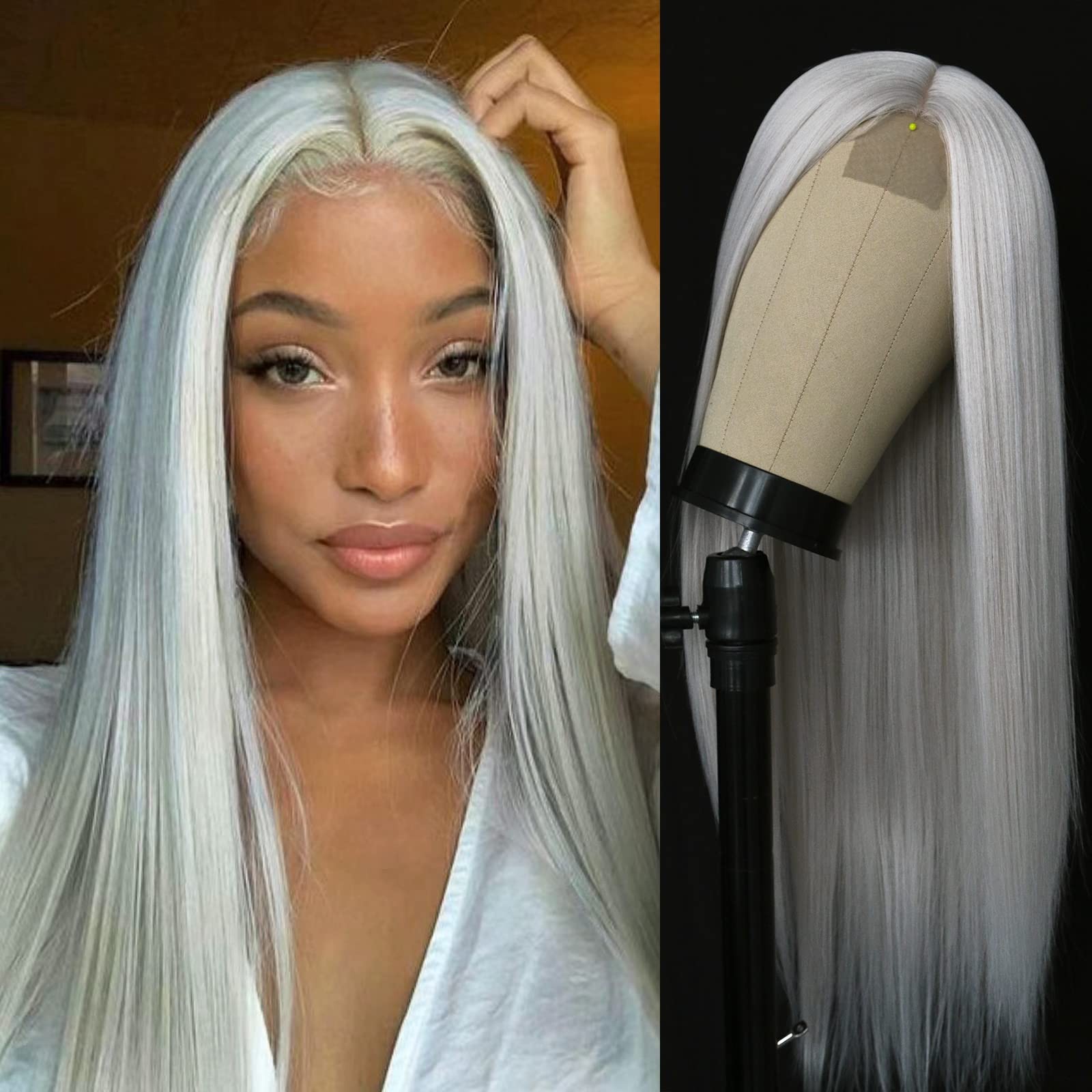 Silver Grey Long Straight Wig for Women Cosplay Ash White Wig Glueless Lace F…