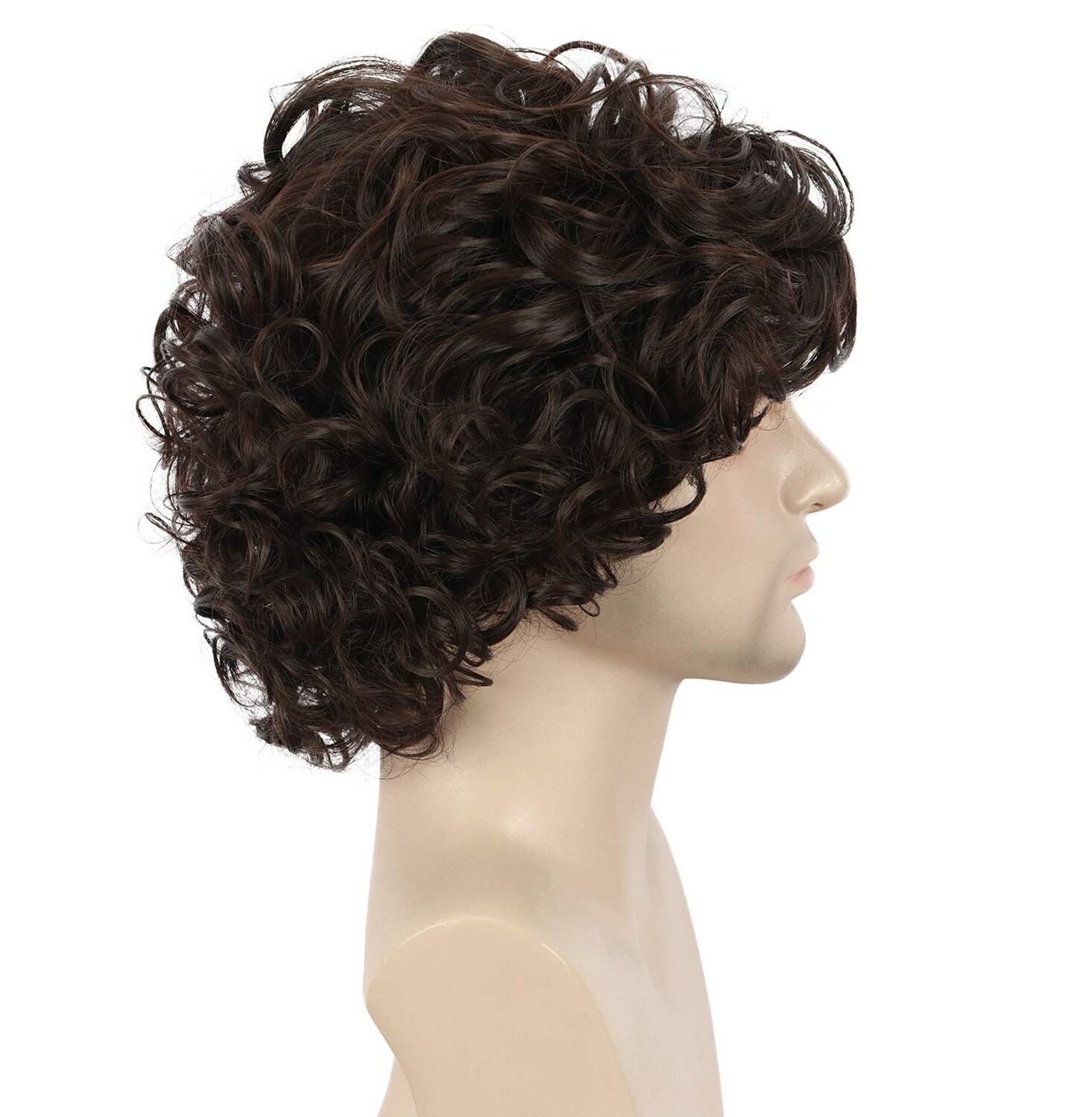 Men Brown Short Curly Wig Fluffy Synthetic Fiber Hair Wigs for Men Daily Wig US