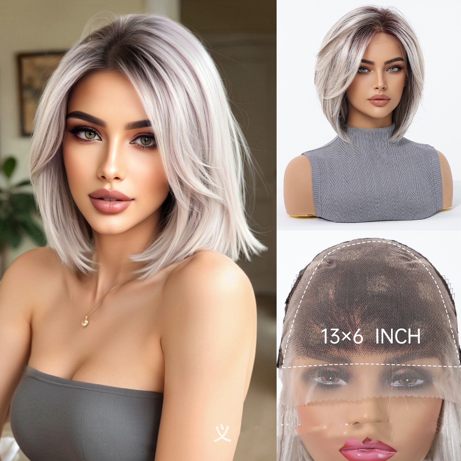 Short Wavy Ash Brown Premium Japanese Fiber Bob 13×6 Lace Front Wigs Dark Roots