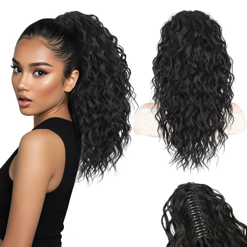 Stamped Glorious Black Ponytail Extension 18 Curly Wavy Pony Tail Claw Multi