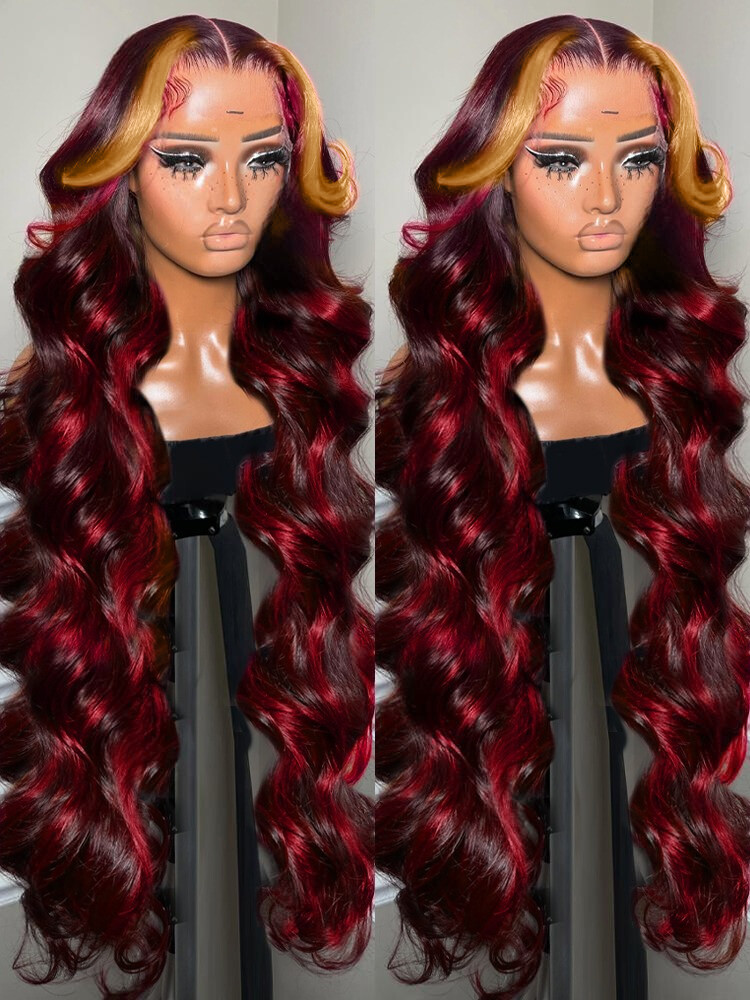 Ombre Red With Blonde Highlights Body Wave Glueless Wigs Human Hair Burgundy Red