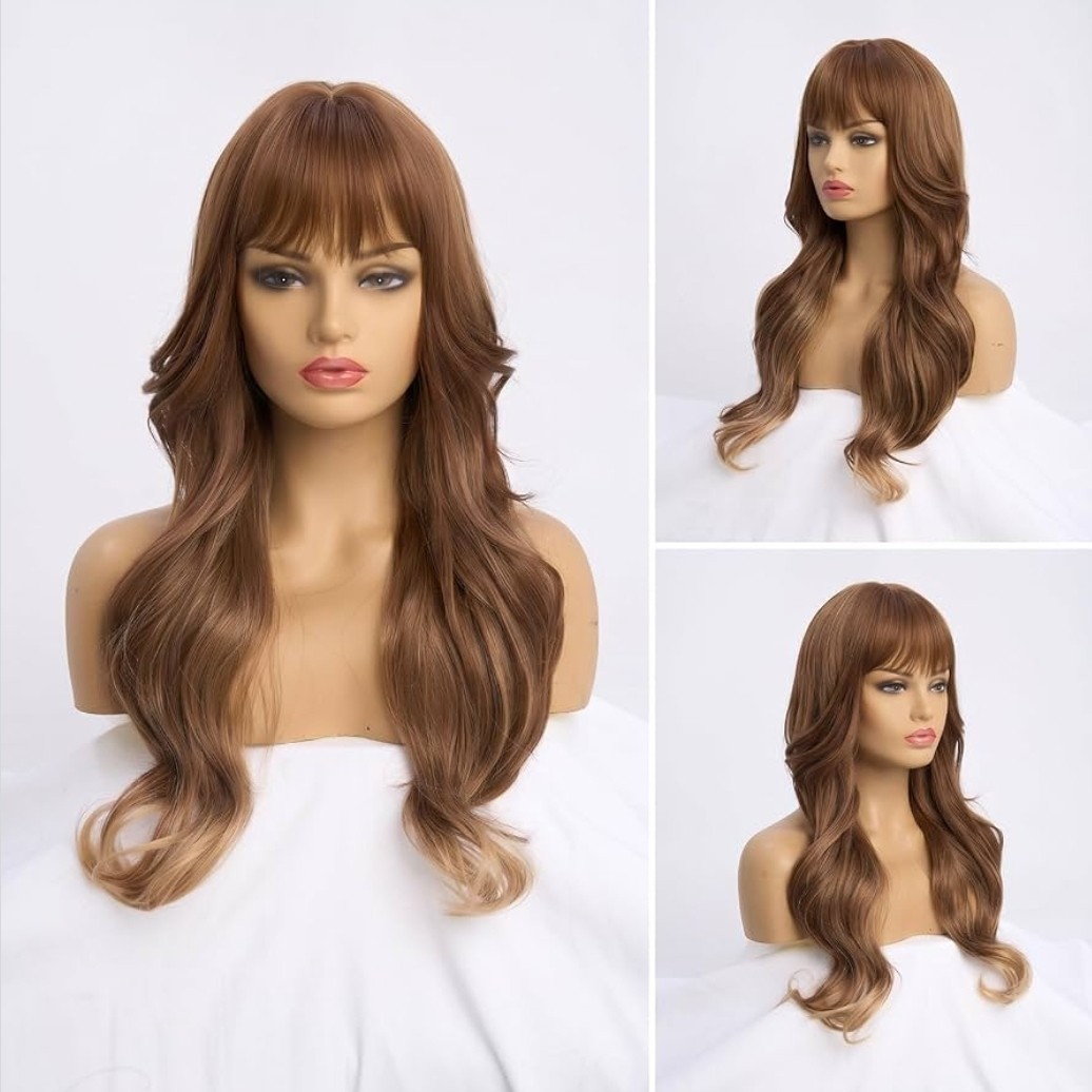 Wig – Human Hair Blend – Long Straight Body Wave Brown Bangs Heat Resistant
