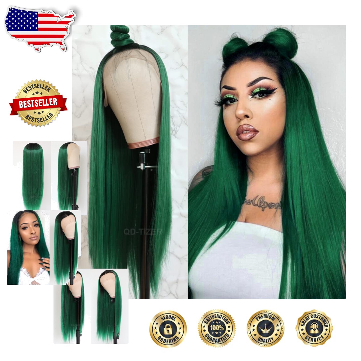 22″ Glueless Ombre Green Lace Front Wig Heat Resistant Synthetic