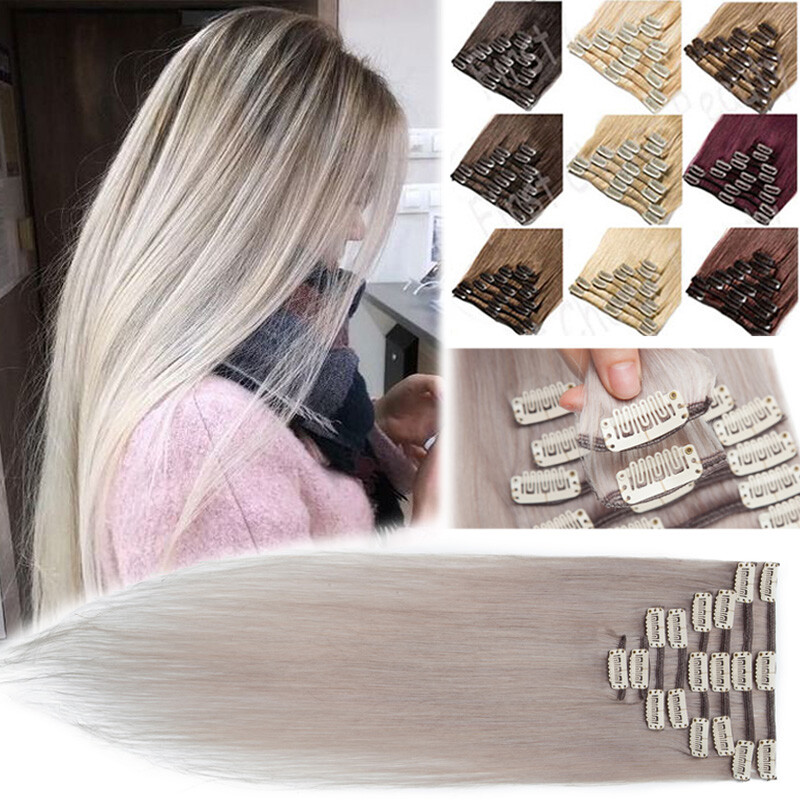 #GREY Hair 100% Remy Human Hair Extensions Clip In Full Head 8pcs SOFT CLEARANCE
