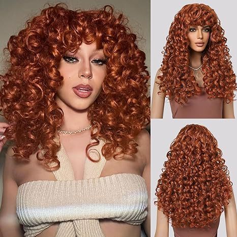 Big Curly Wigs for Black Women Long Curly Afro Wig with Bangs Synthetic Hair