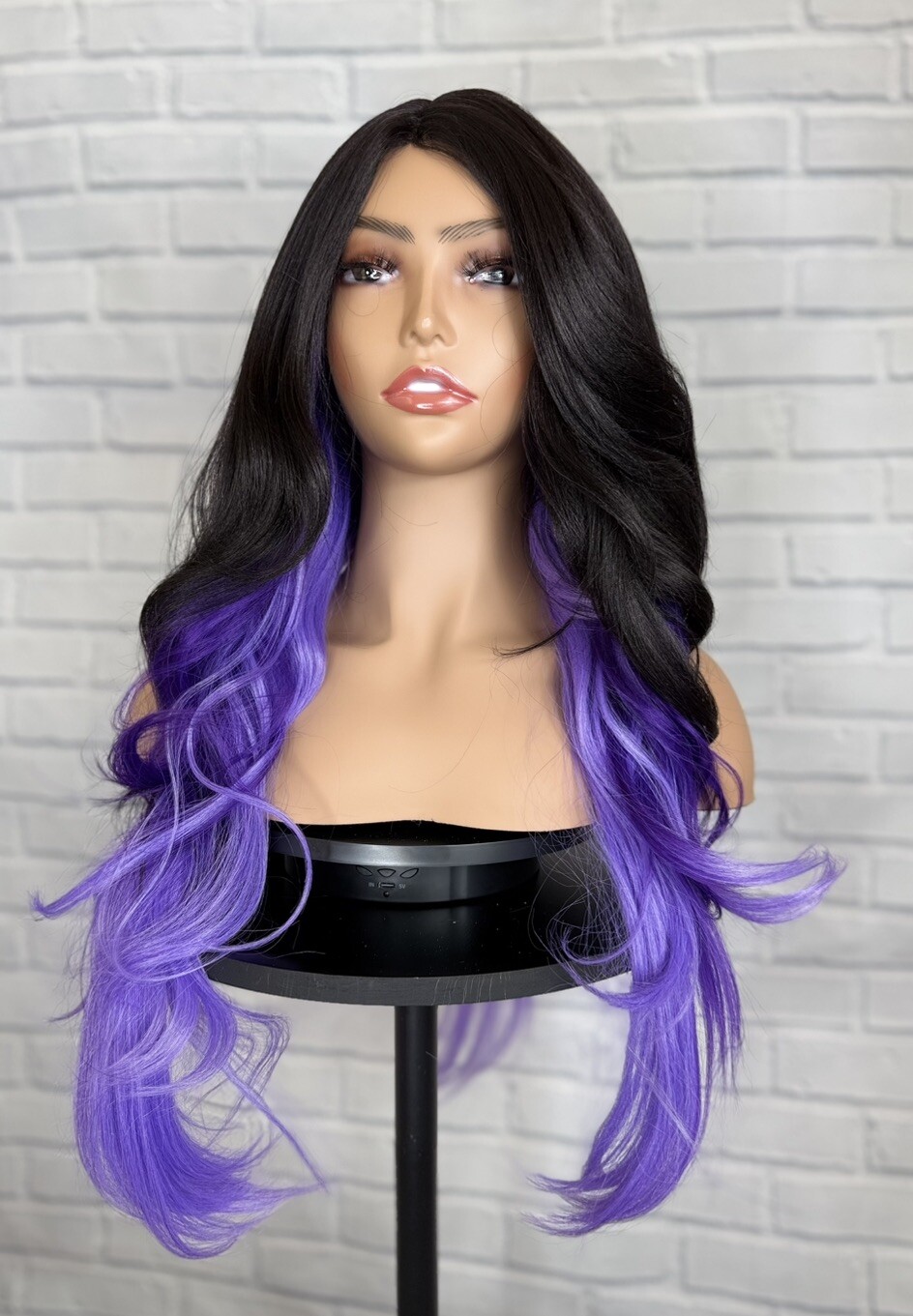 Black Purple Wig Synthetic 26 Inch Lace Front Middle Part Wavy Layered Heat Ok