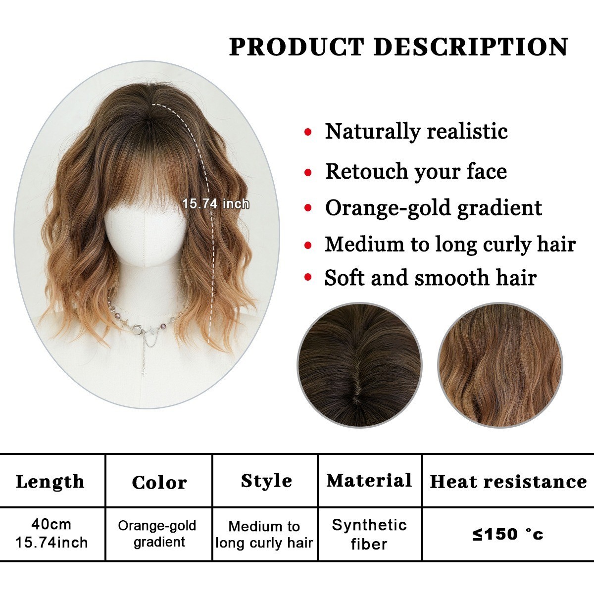 Orange gold wool curly wig full head covering hairstyle with wavy short curly