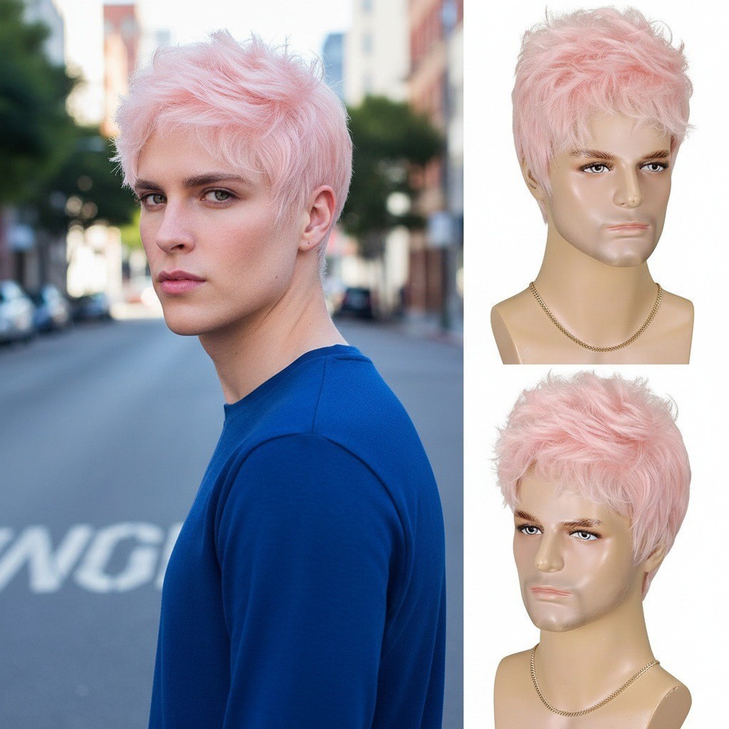 Unisex 6in Short Pink Wig Heat Resistant Synthetic Cosplay Party Wig