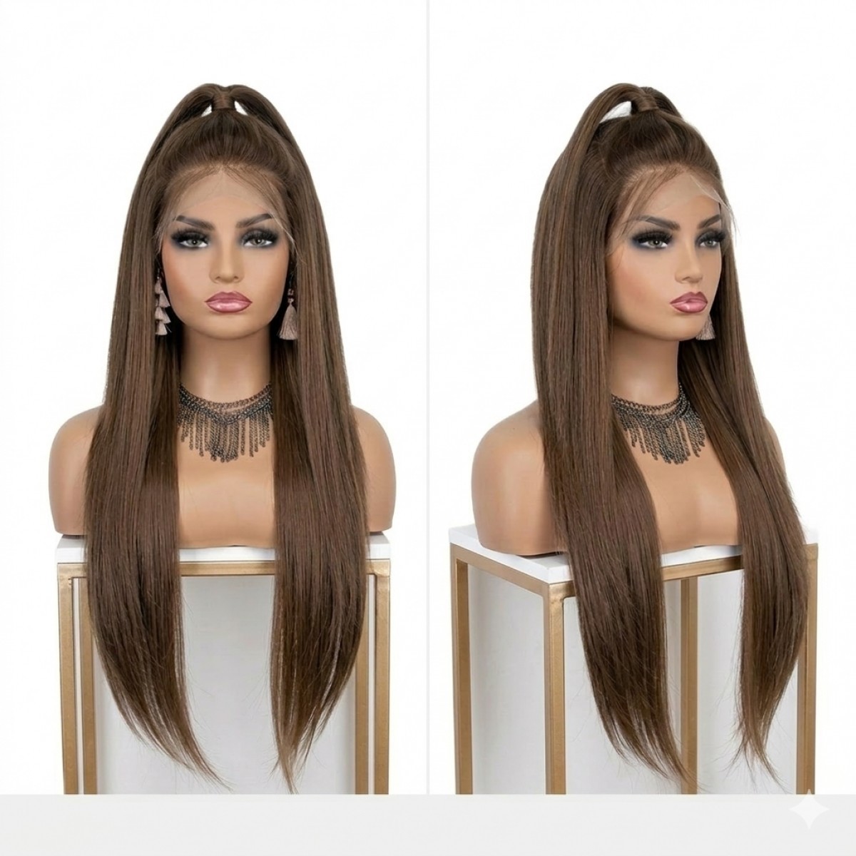 Brown Heat Resistant Synthetic Hair Long Straight T Lace Frontal Wigs Soft