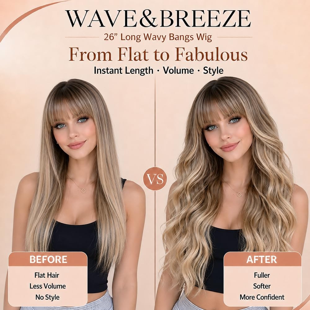 Long Blonde Highlights Wigs with Bangs 26Inch Wavy Curly Hair for Women Tangl…