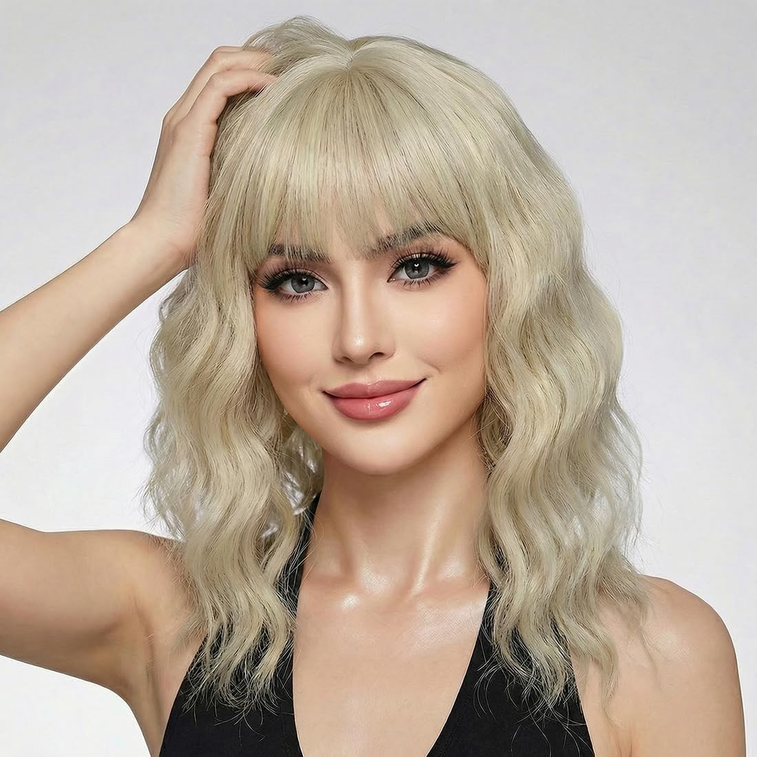 Pastel Brown Wavy Bob Wig Women, Short Shoulder Length Synthetic Wig with Bangs