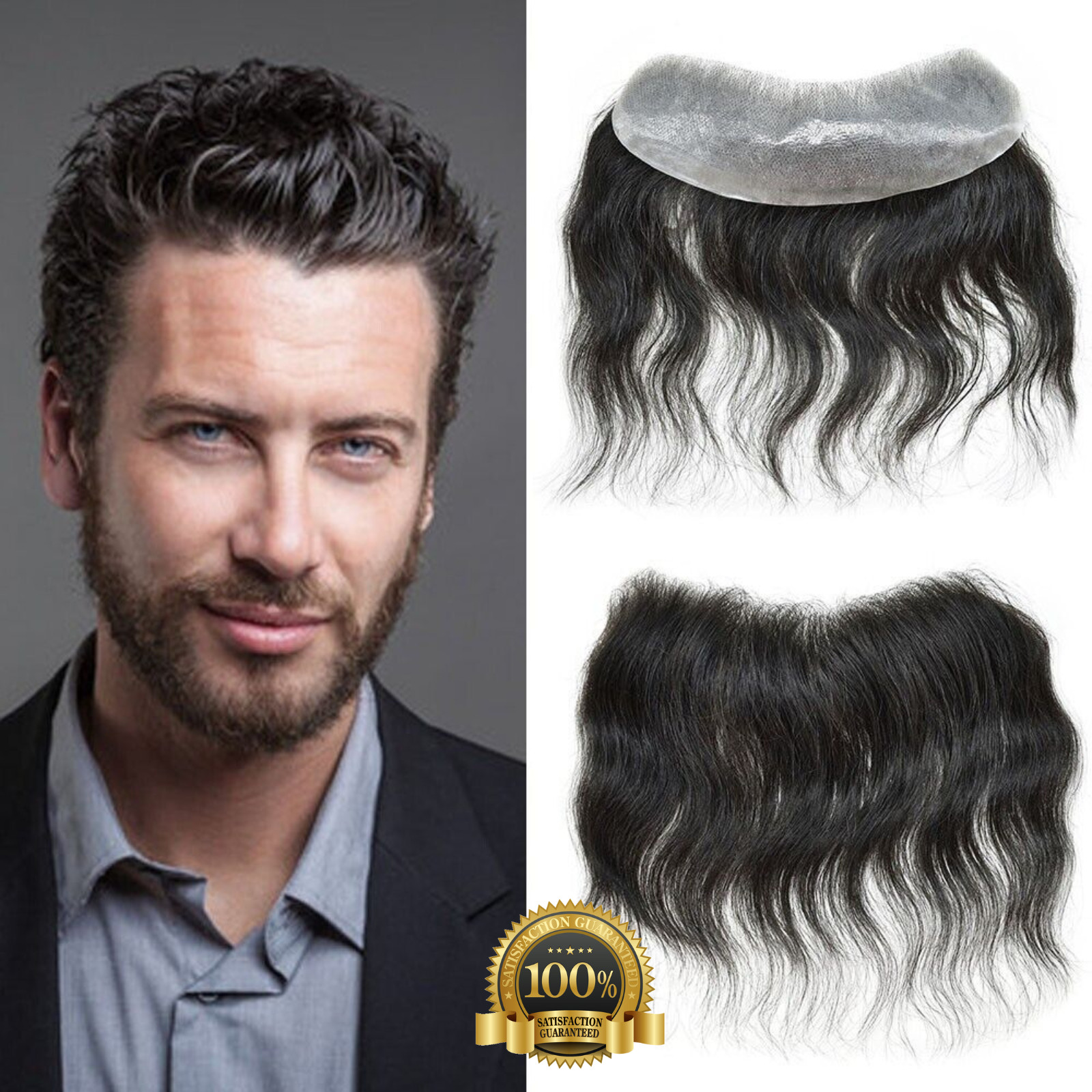 Men Frontal Invisible 100% Human Hairpiece Natural Hairline V-Loop Skin PU