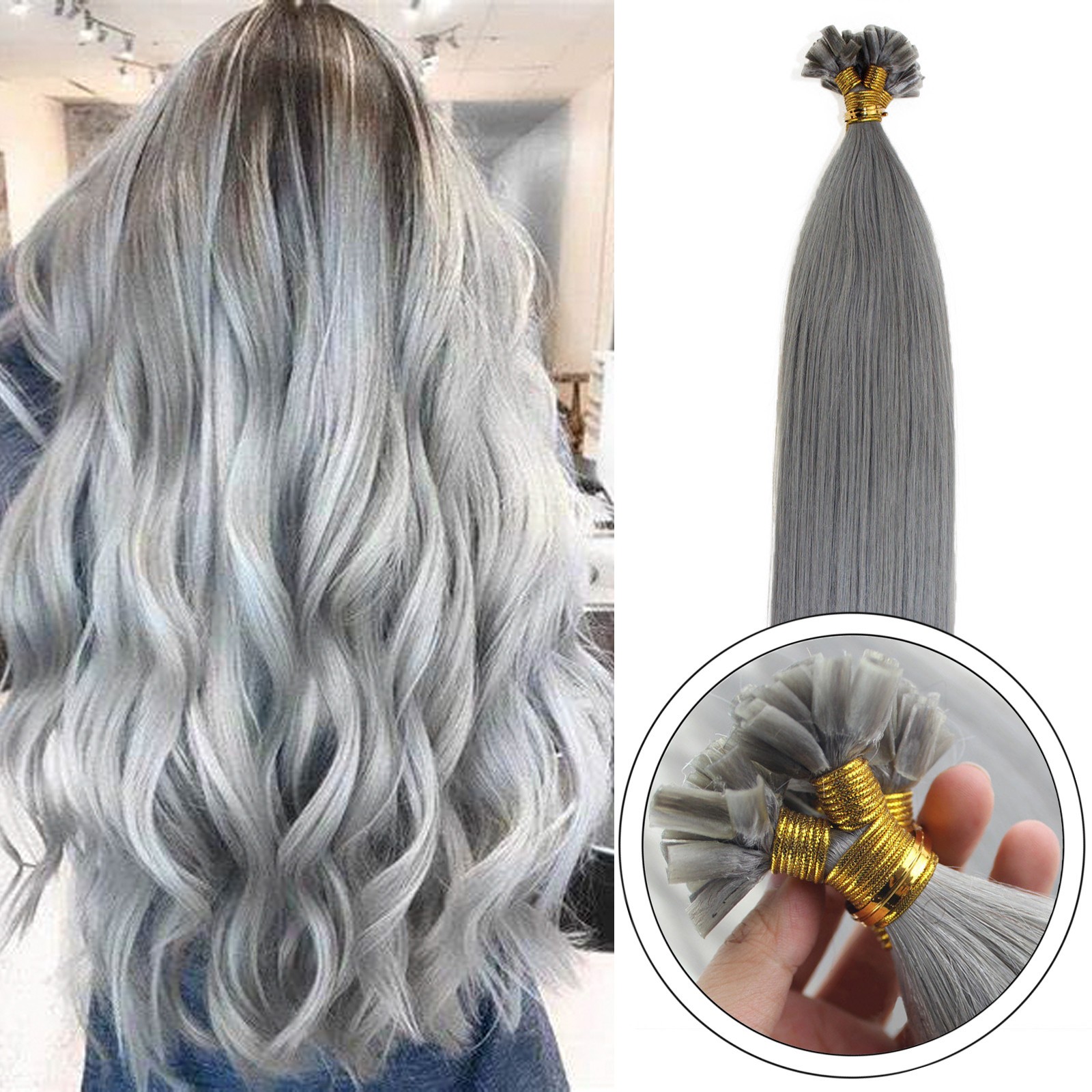 Keratin Glue Fusion Bonded U Tip Real Human Hair Extensions Silver Gray16inch50s