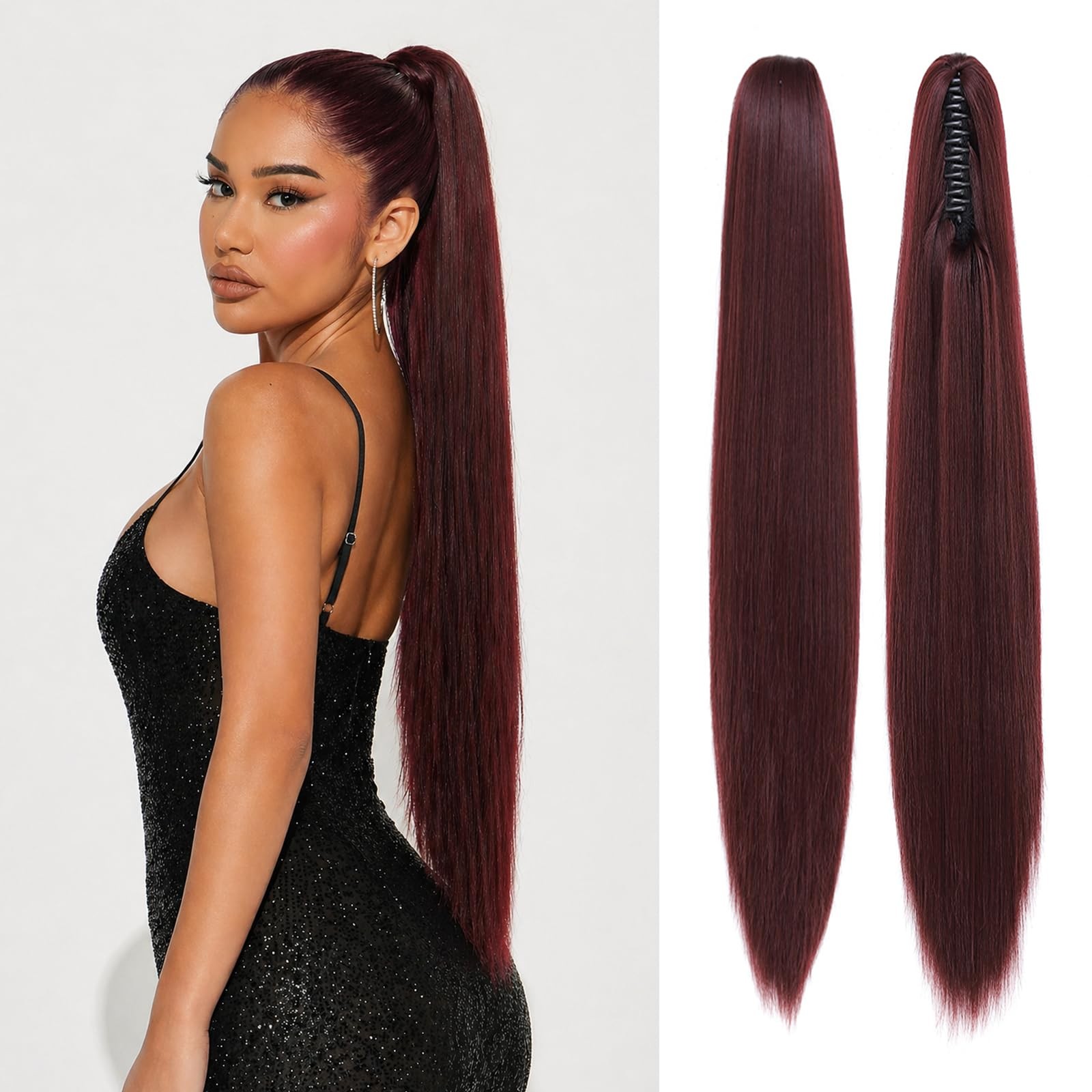 YKHJH Ponytail Extension,26″ Claw Clip in Hair Dark Burgundy