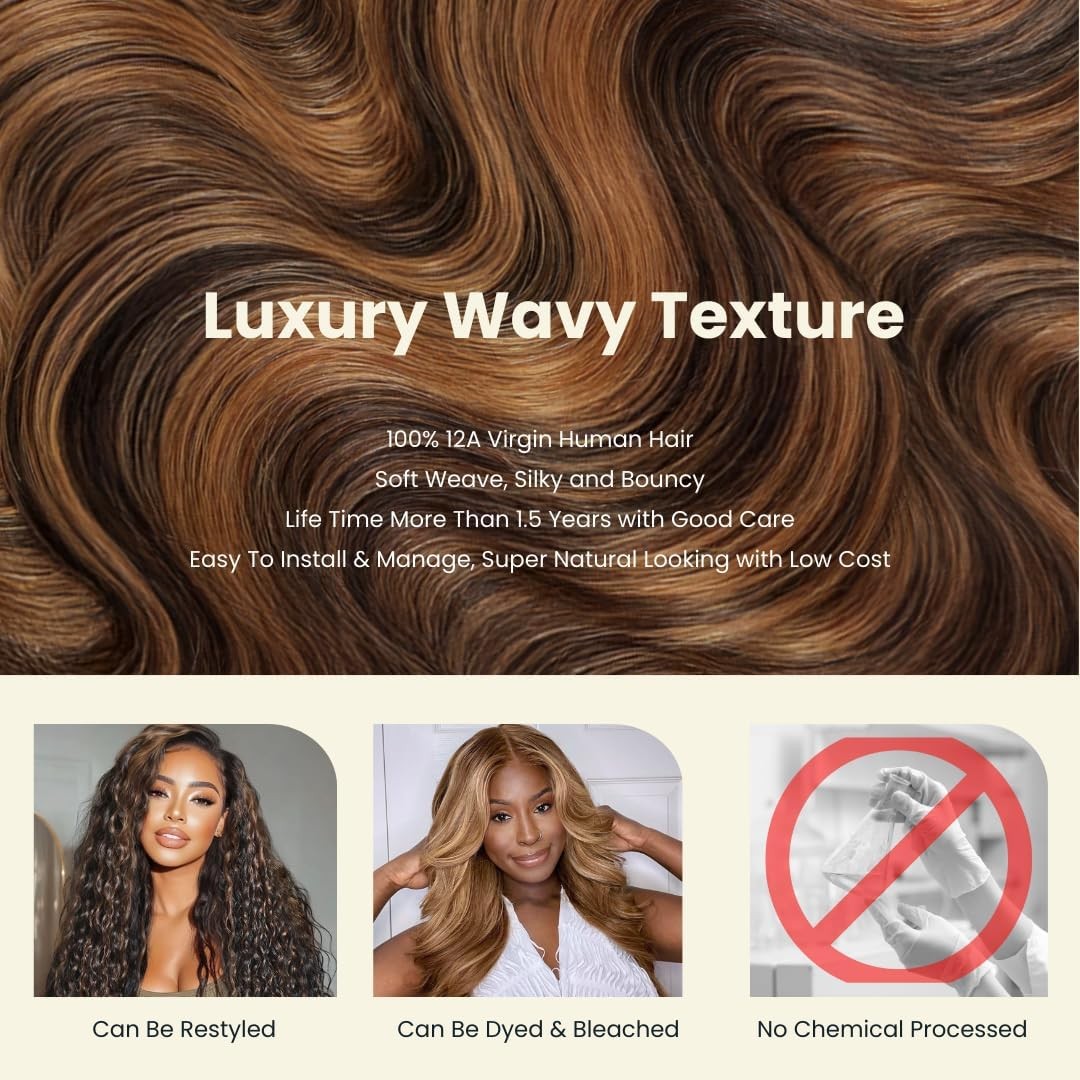 MOMOSHERO #1b/30 Brown Highlight Body Wave 3 Bundles with 13×4 Ear to Ear Fro…