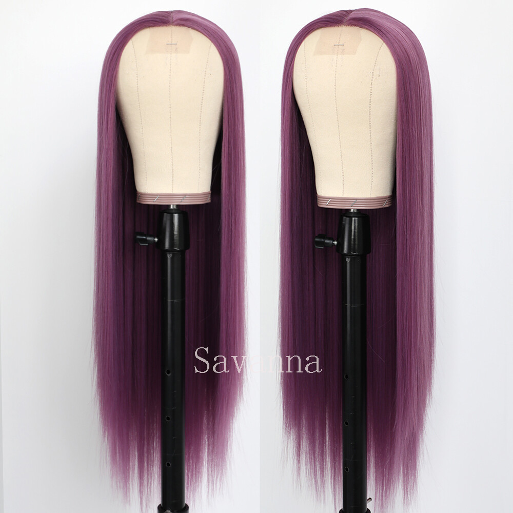 Women Long Straight Synthetic Wig Purple Hair Heat Resistant Cosplay Party Wigs
