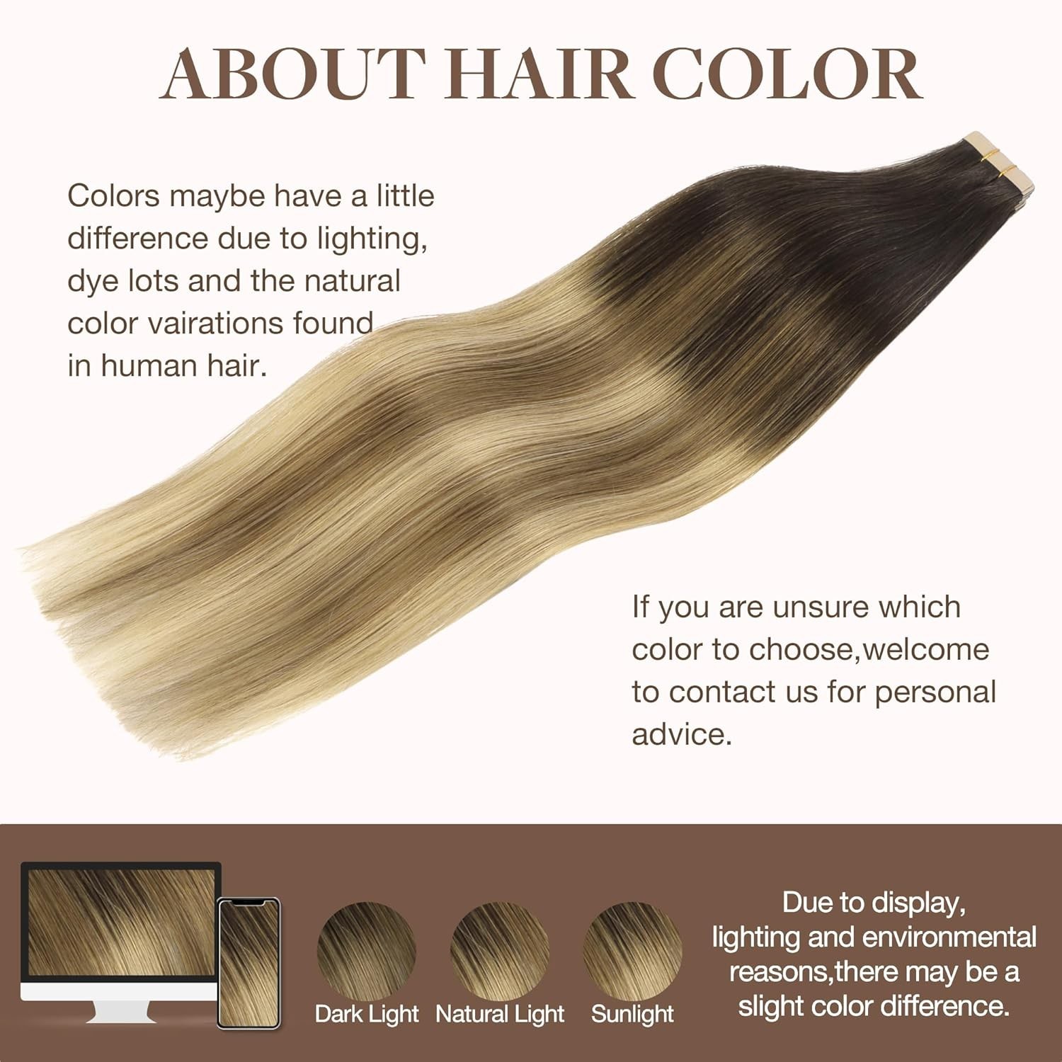 Human Hair Tape In Extensions 20in Balayage Brown to Blonde Thick Ends Full L…