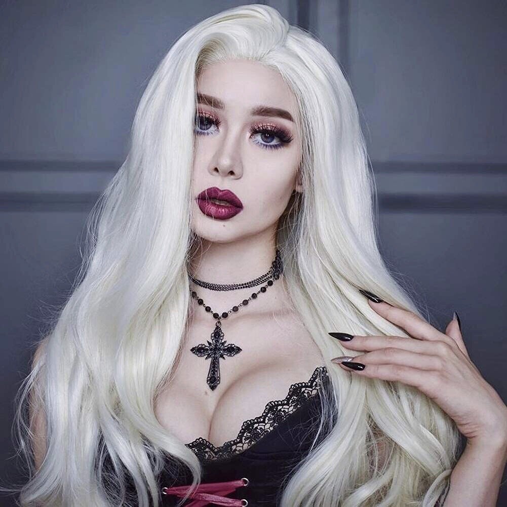 Morvally Wavy Lace Front Synthetic Wig Free Part 60# Platinum White 24″ Long NEW