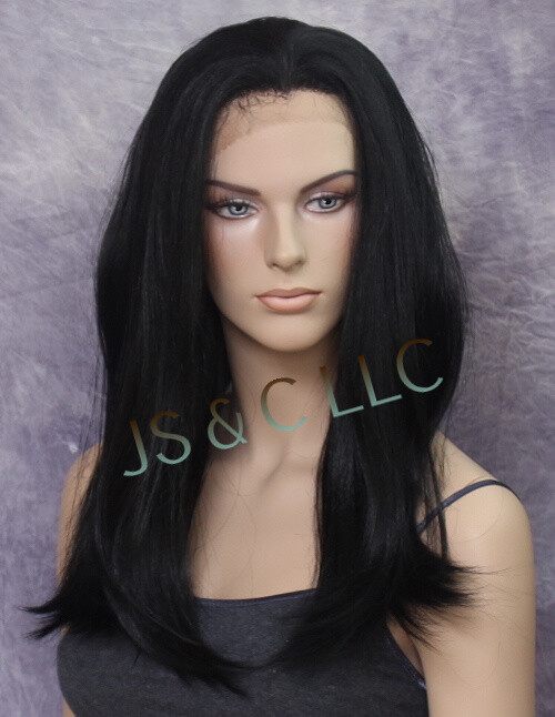 Human Hair Blend FREE PART Wig Lace Front Long Straight Black WBCL 1