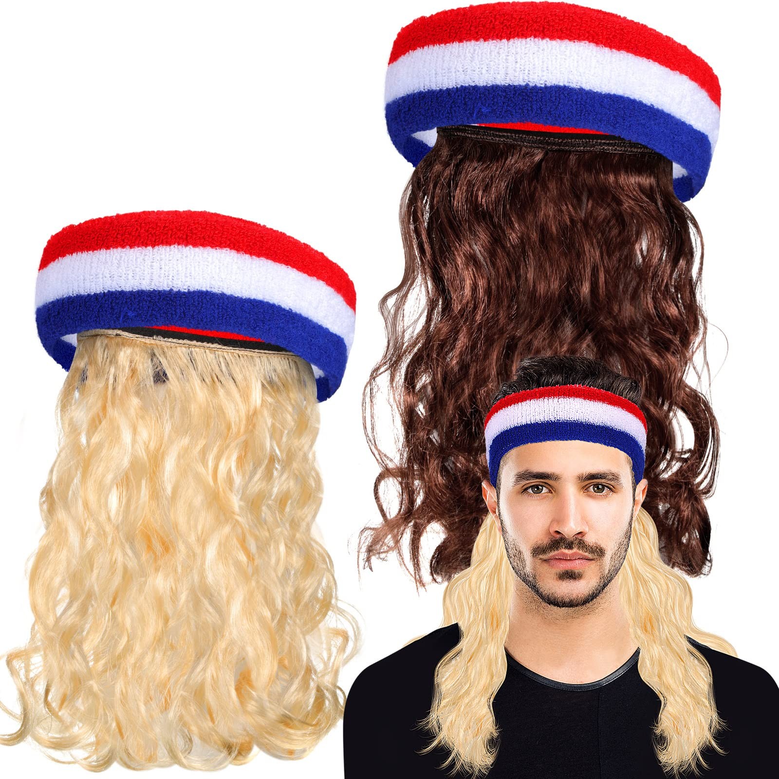 2 Pieces Mullet Wig USA Headband American Flag Style Sports Striped Sweatband…