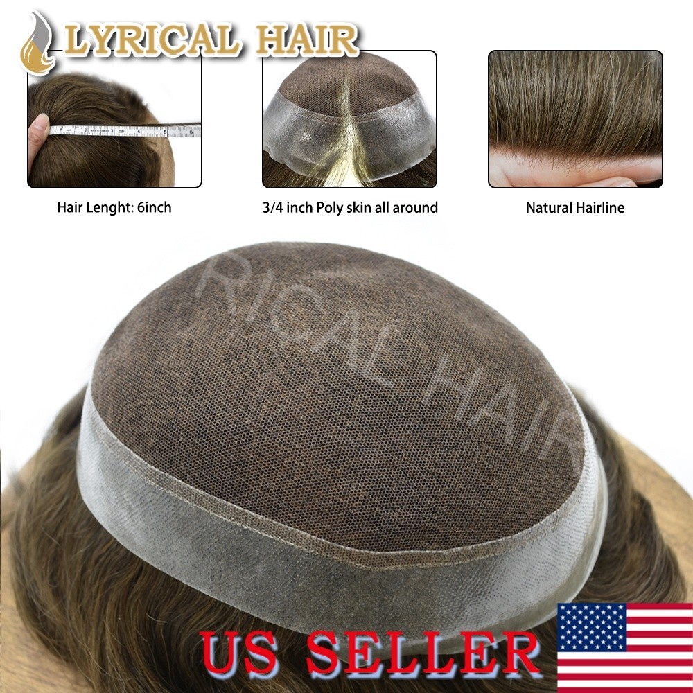 US Mens Toupee French Lace Hairpiece Poly PU Skin Around Hair Replacement System