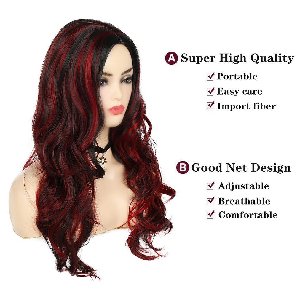 Sallcks Black Red Wig for Women Long Wavy Highlights Layered