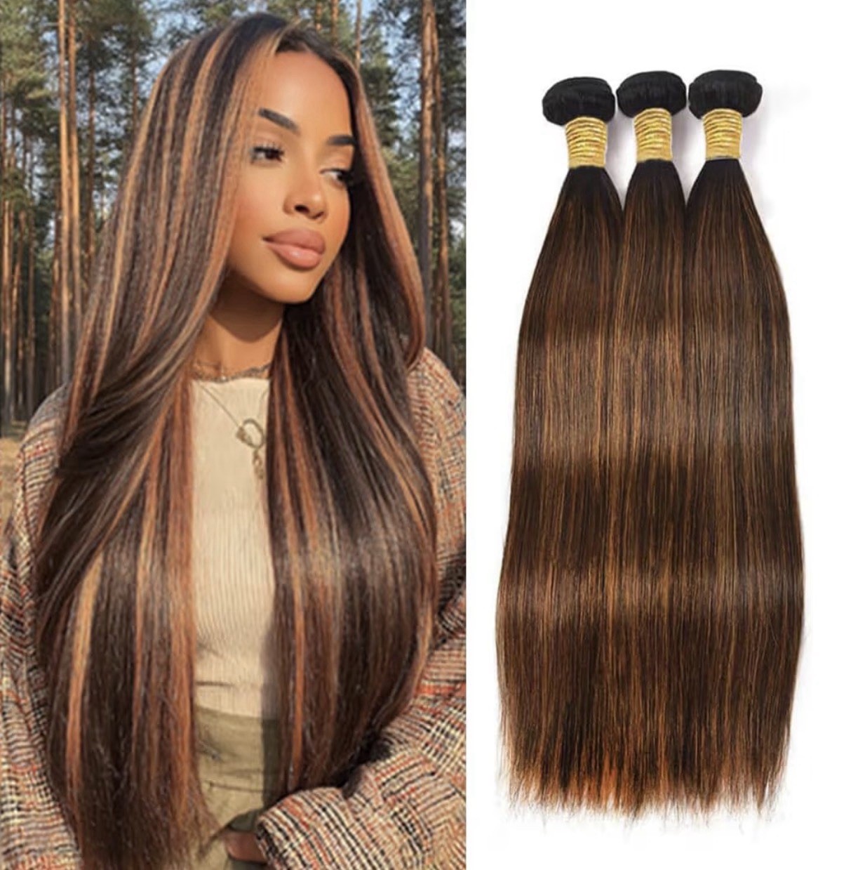 Straight Brown Human Hair Weft Extensions, Double Machine Weft, Dyeable, 3pcs