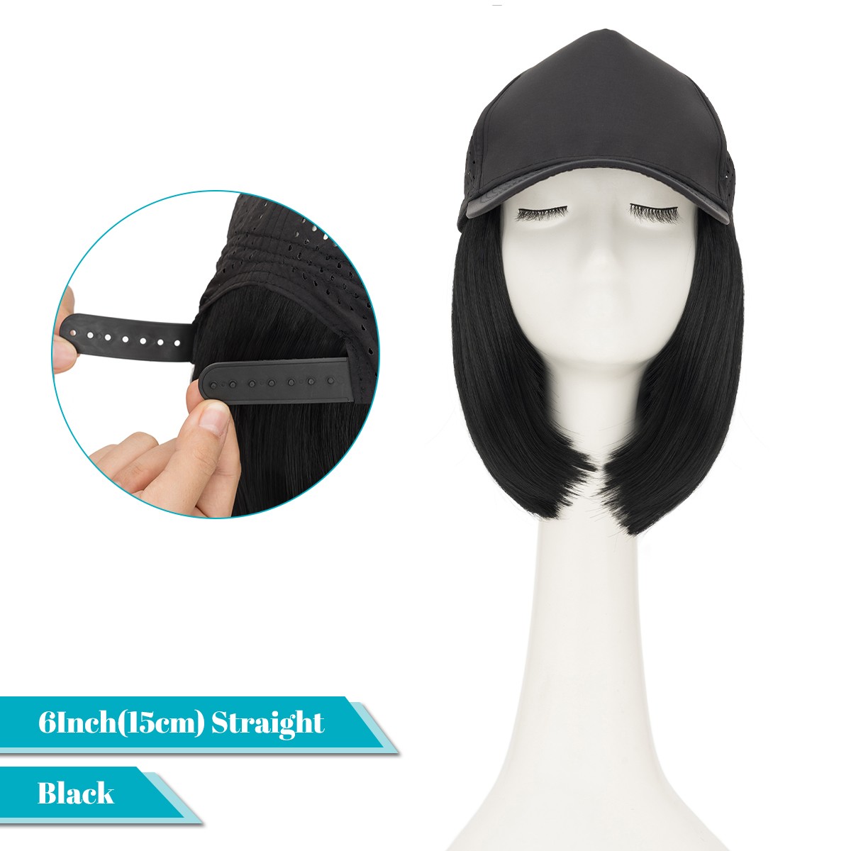 Cap Hat Bob Wig with 6″ Synthetic Straight Hair Adjustable Cap Baseball Hat Wig