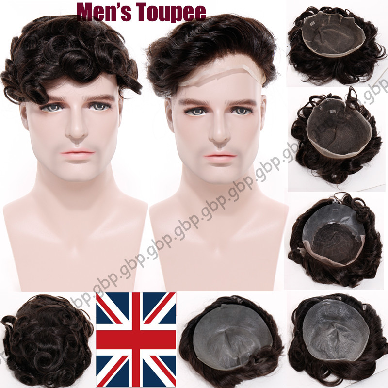Fine Mono Toupee Men’s Hairpiece Human Hair Replacement System Hand Tied Wavy US