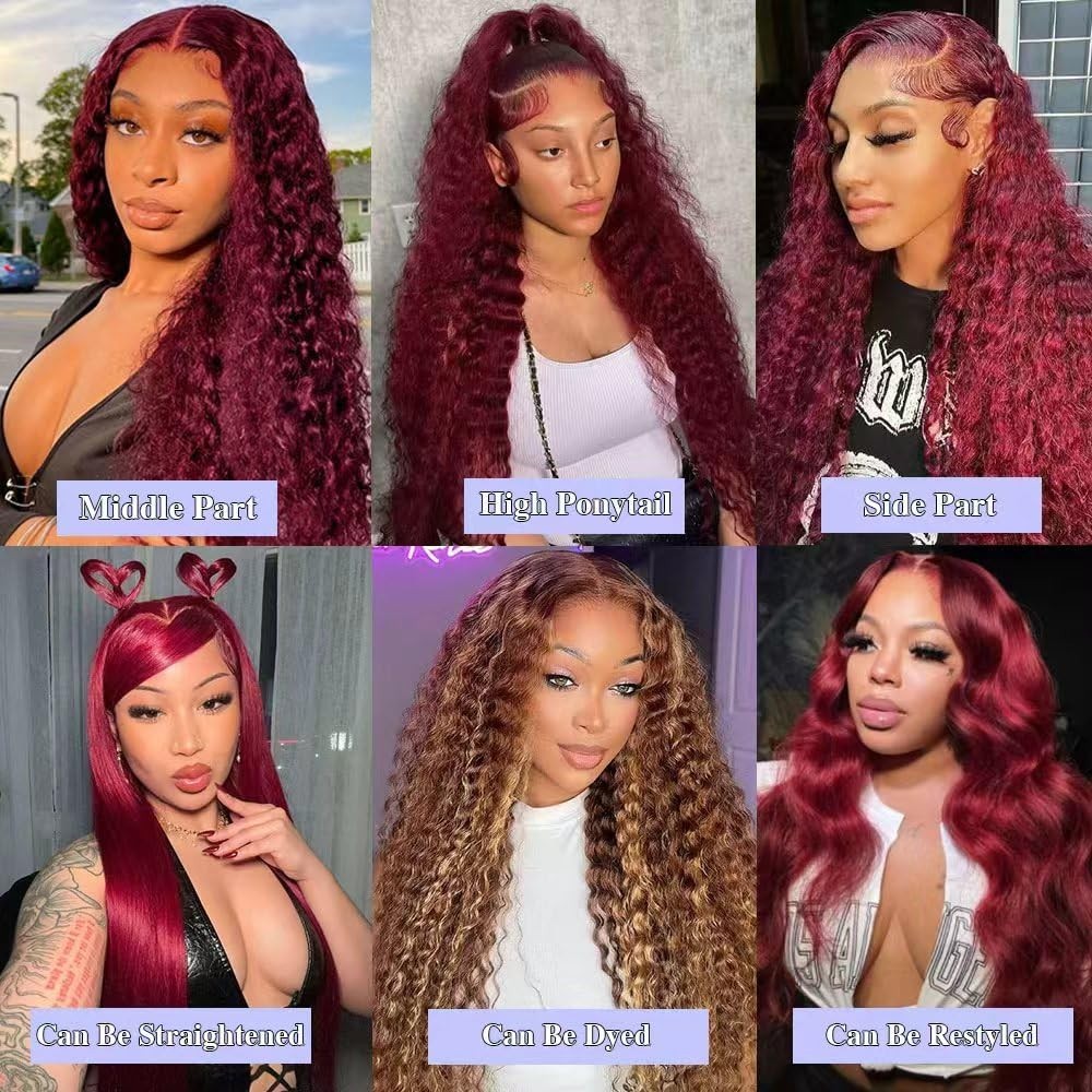 30″ 99J Burgundy Deep Wave Lace Front Wig – 200 Density, Pre-Plucked, Curly Hair