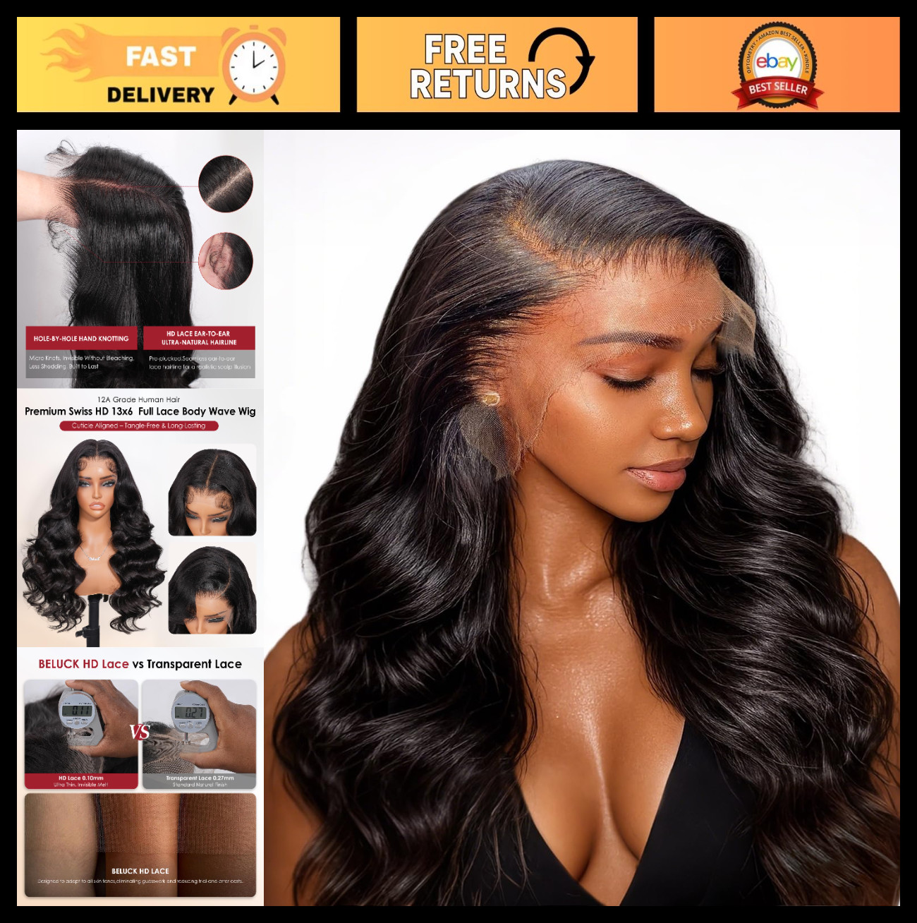 13×6 HD Lace Front Wig – 20″ Body Wave Human Hair, Ultra-Thin, Pre-Plucked, 230%