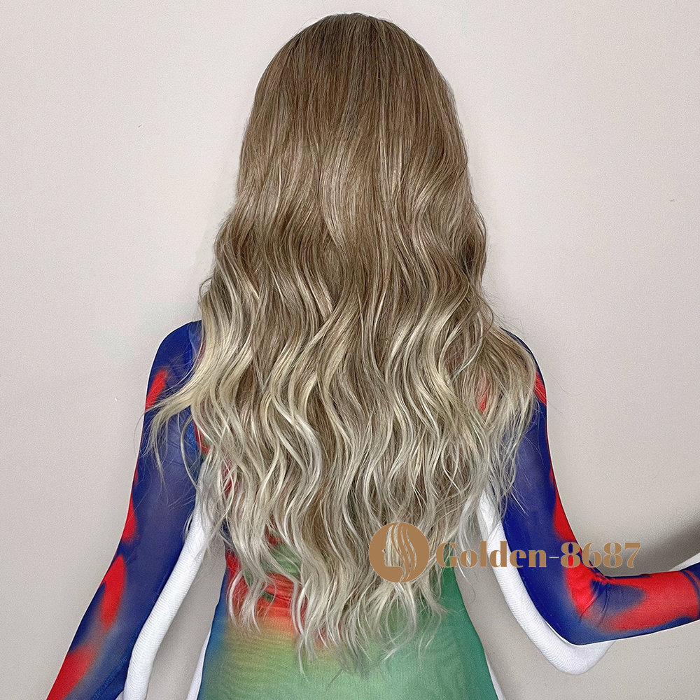 Fanshion Long Wavy Ombre Brown Light Blonde Synthetic Wigs for Women Hair Wig US